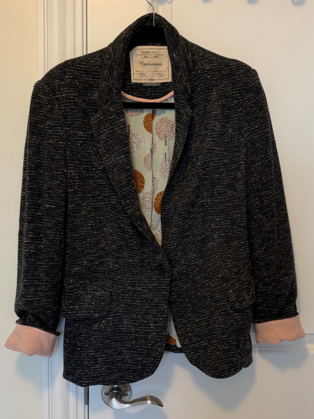 Anthropologie Cartonnier Charcoal Knit Blazer with Pink Cuff Accents